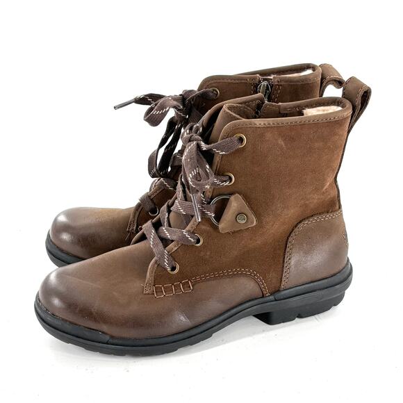 Ugg Hapsburg Combat Boots 6.5 Brown NWOT Ankle Booties Suede Leather Moto Sherpa - Picture 2 of 7